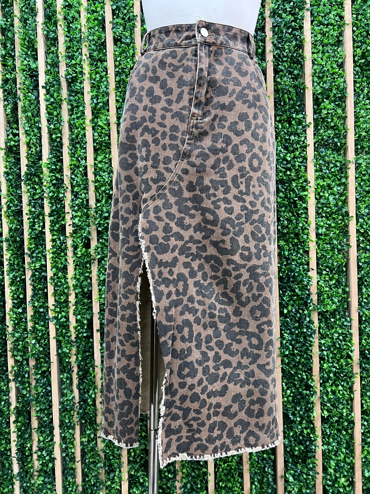 Brown Leopard Side SLit Denim Midi Skirt