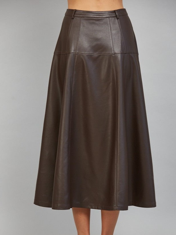 Chocolate Faux Leather Button-Front Midi Skirt