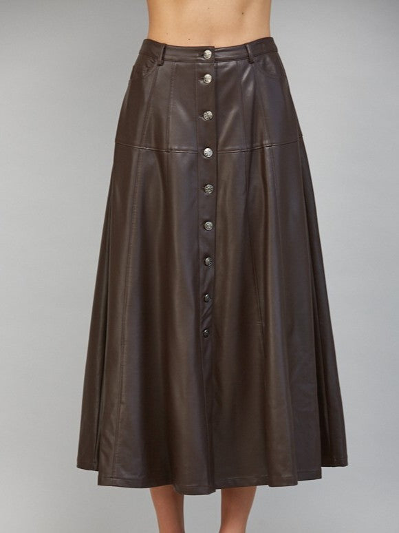 Chocolate Faux Leather Button-Front Midi Skirt