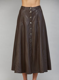 Chocolate Faux Leather Button-Front Midi Skirt