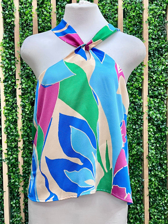 Blue Coastal Dream Satin Halter Top