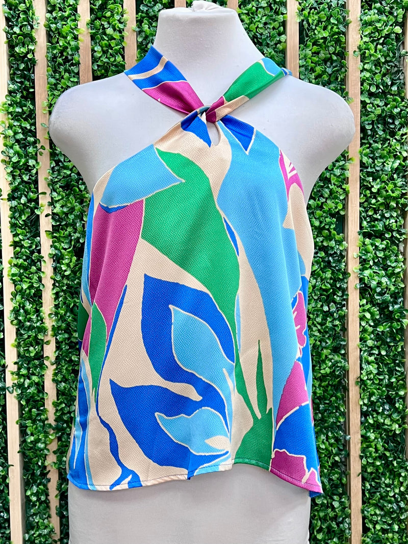 Blue Coastal Dream Satin Halter Top