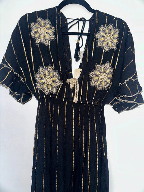 Black Gold Flower Embroidered V Neck Tuered Maxi