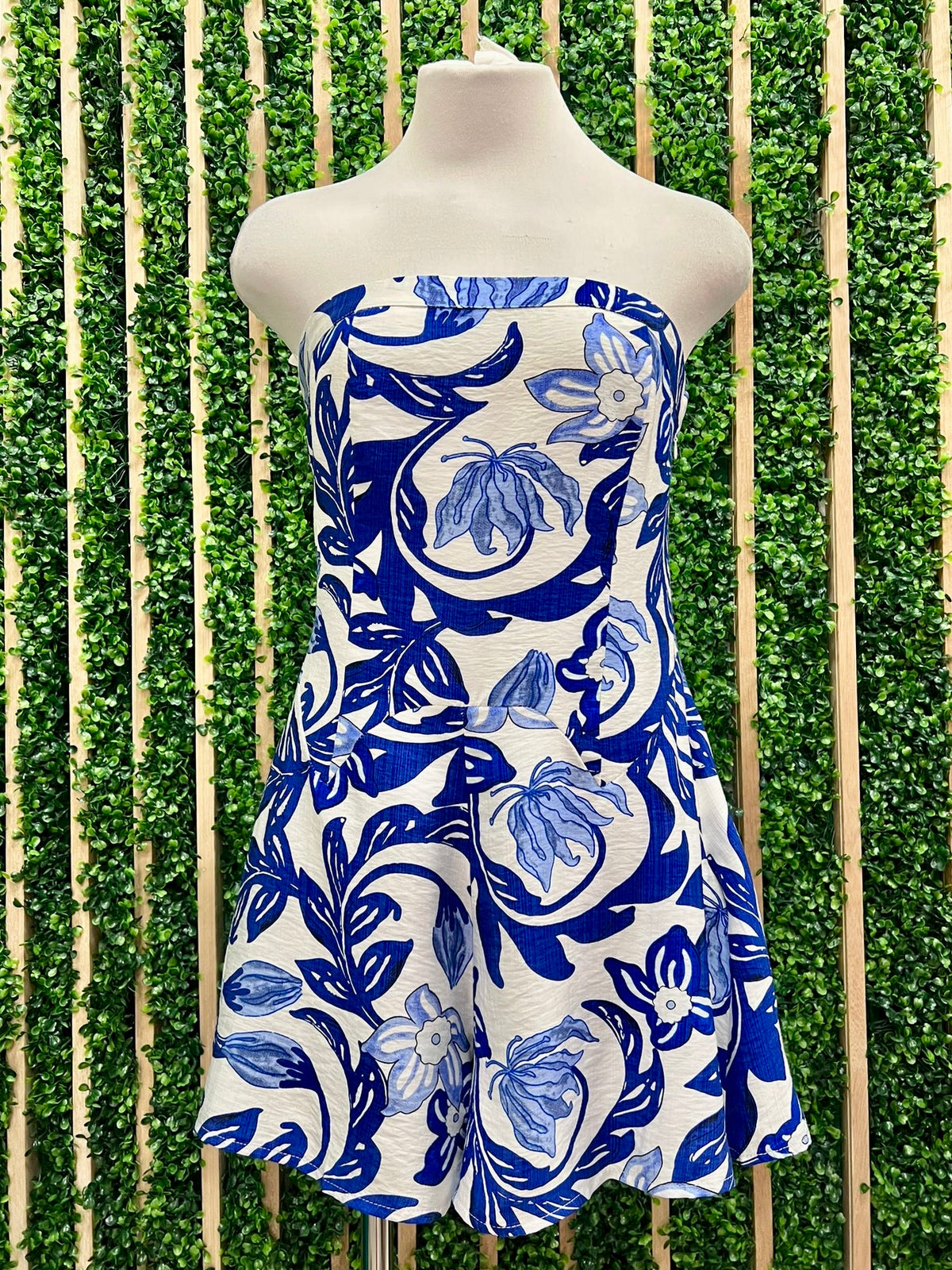 Blue Vines Back Tie Strapless Romper