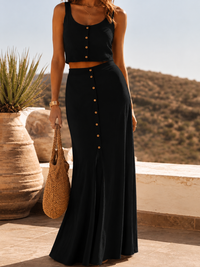 Black Button Front Textured Maxi Skirt Set