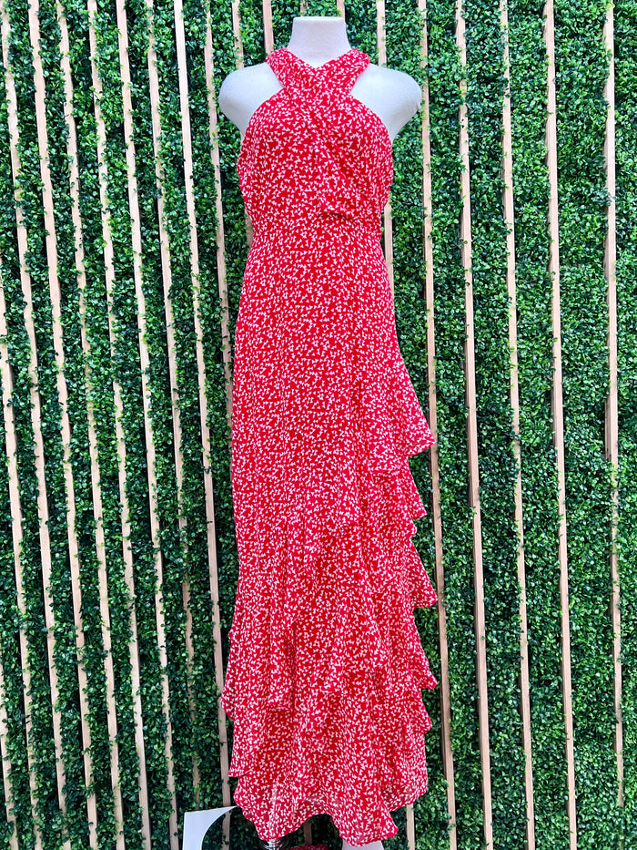 Beautiful Red Print Tiered Chiffon Formal Dress