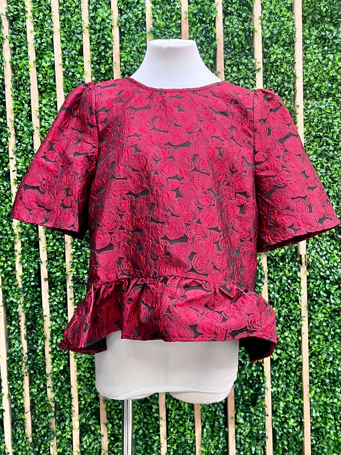 Red Jacquard Hi Low Blouse