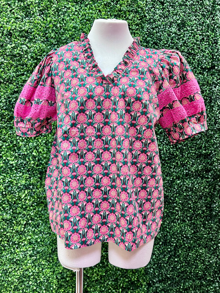Lace Trim Pink Print Blouse