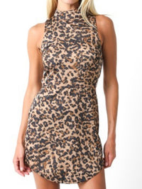 Brown Leopard High Neck Curve Hem Short Dress