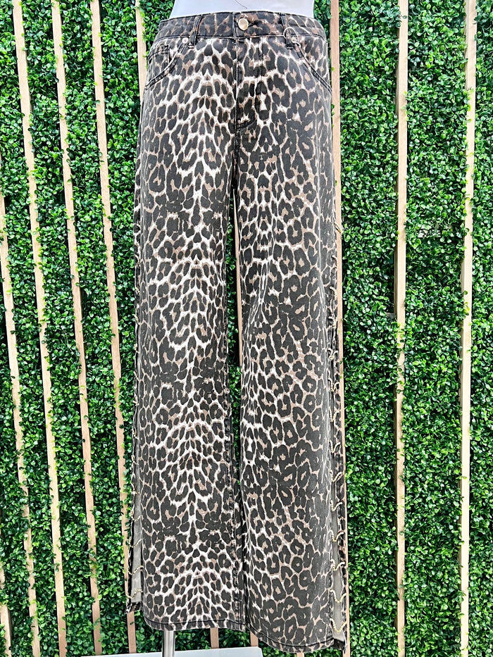 Rhinestone Side Animal Print Denim