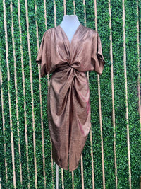 Festive Copper Foil Front Twist Midi Dres