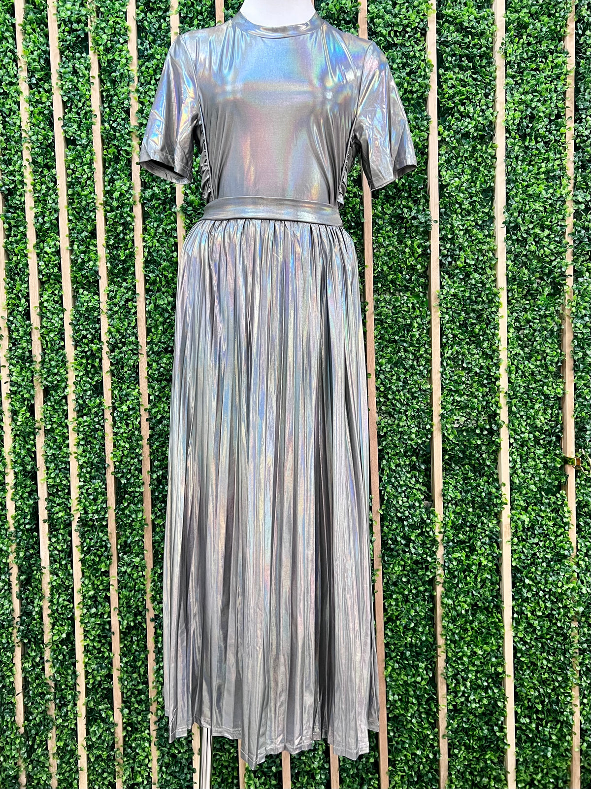 Silver Iridescent Pleated MAxi Skirt