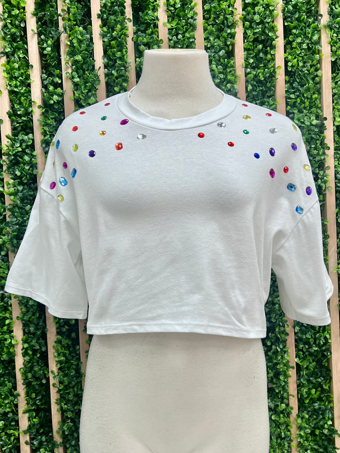 White Studded Crop Tee