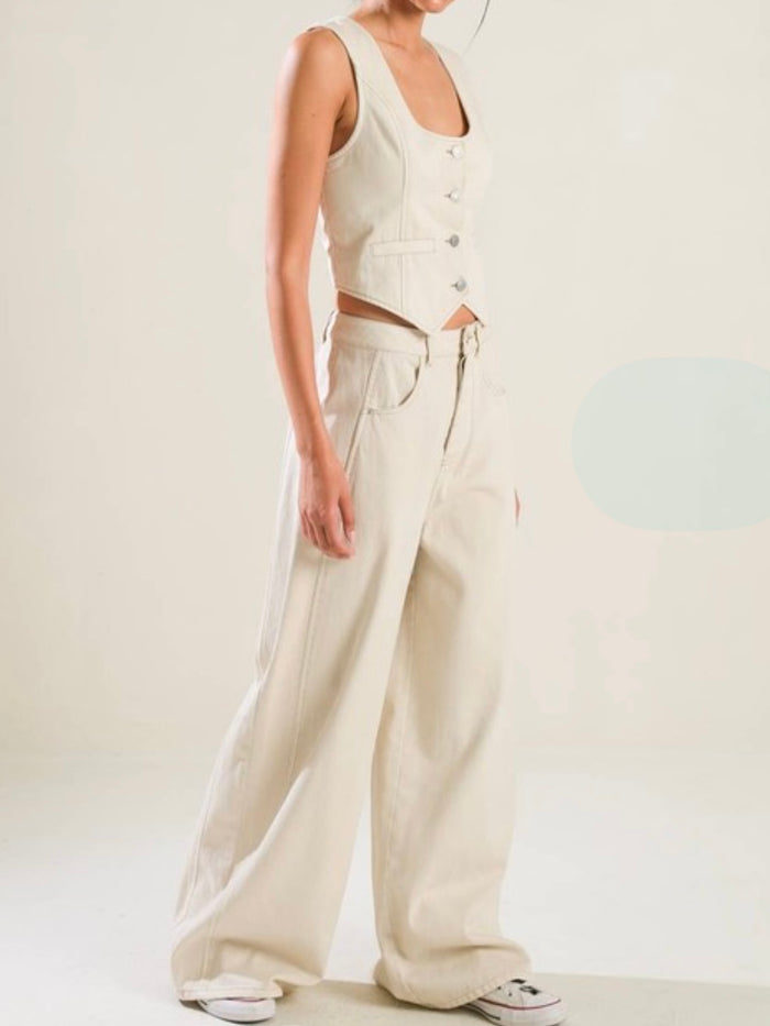 Cream Wide Leg Denim Pant