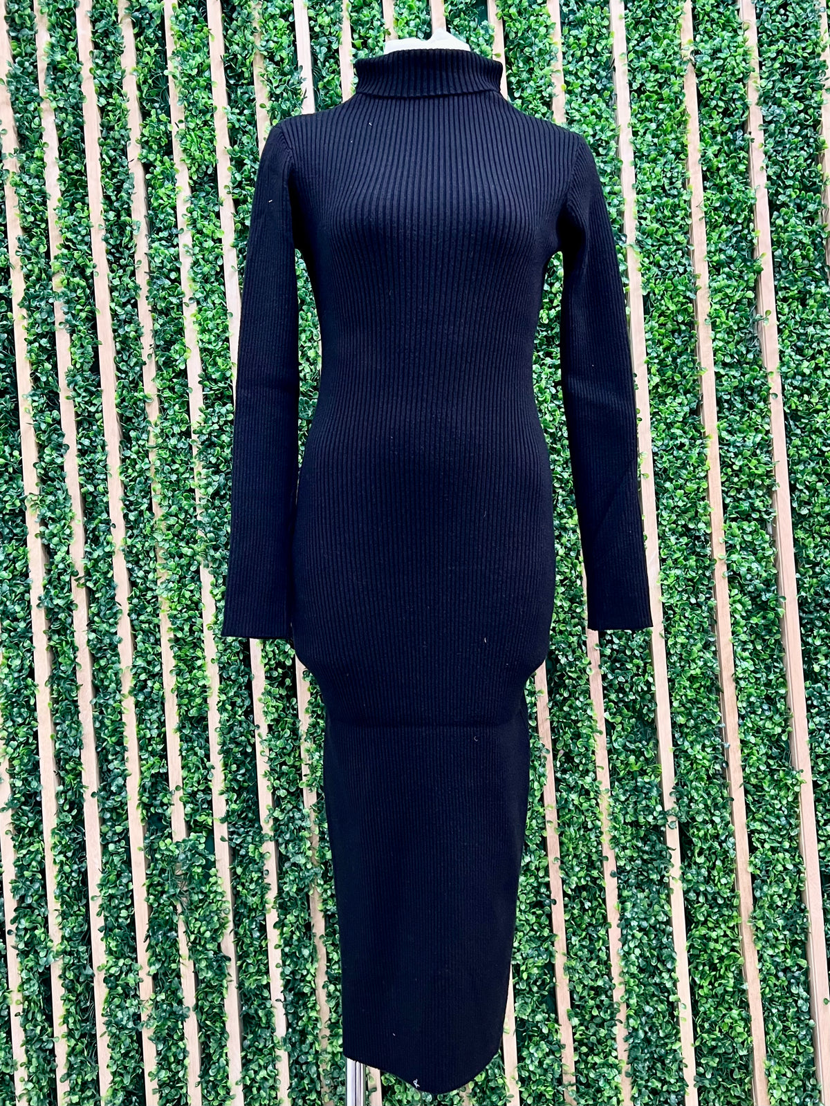 Black High Neck Front Slit Sweater Dress