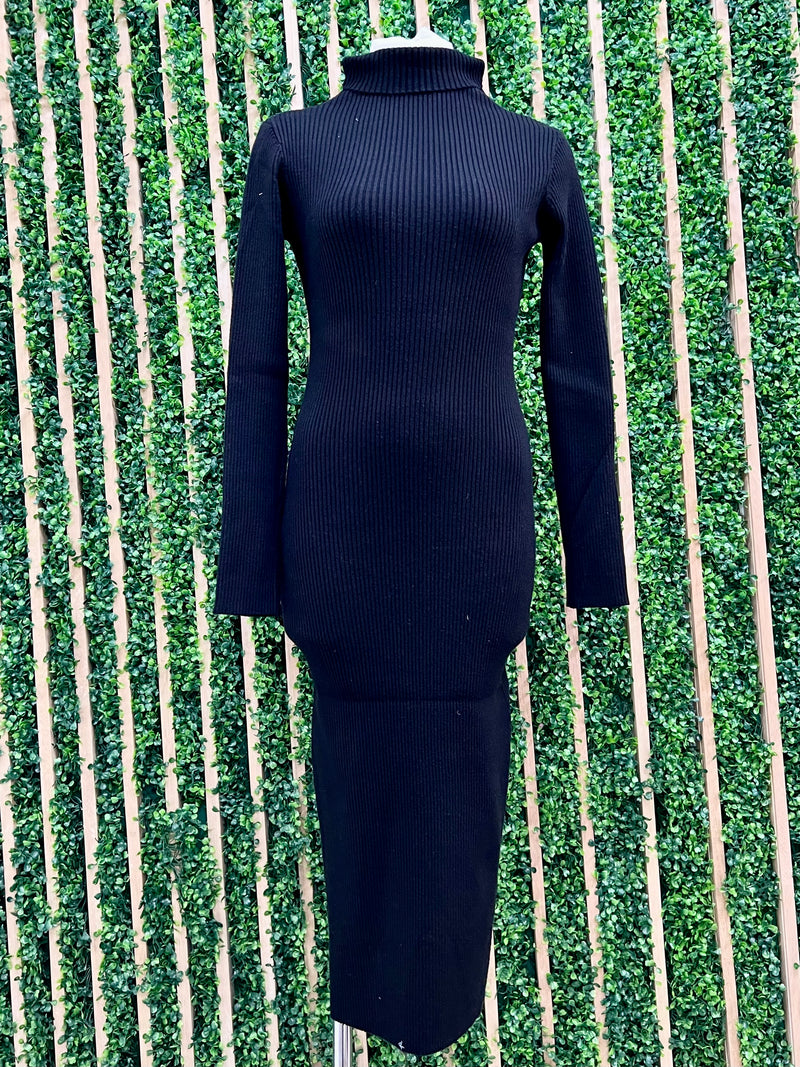 Black High Neck Front Slit Sweater Dress