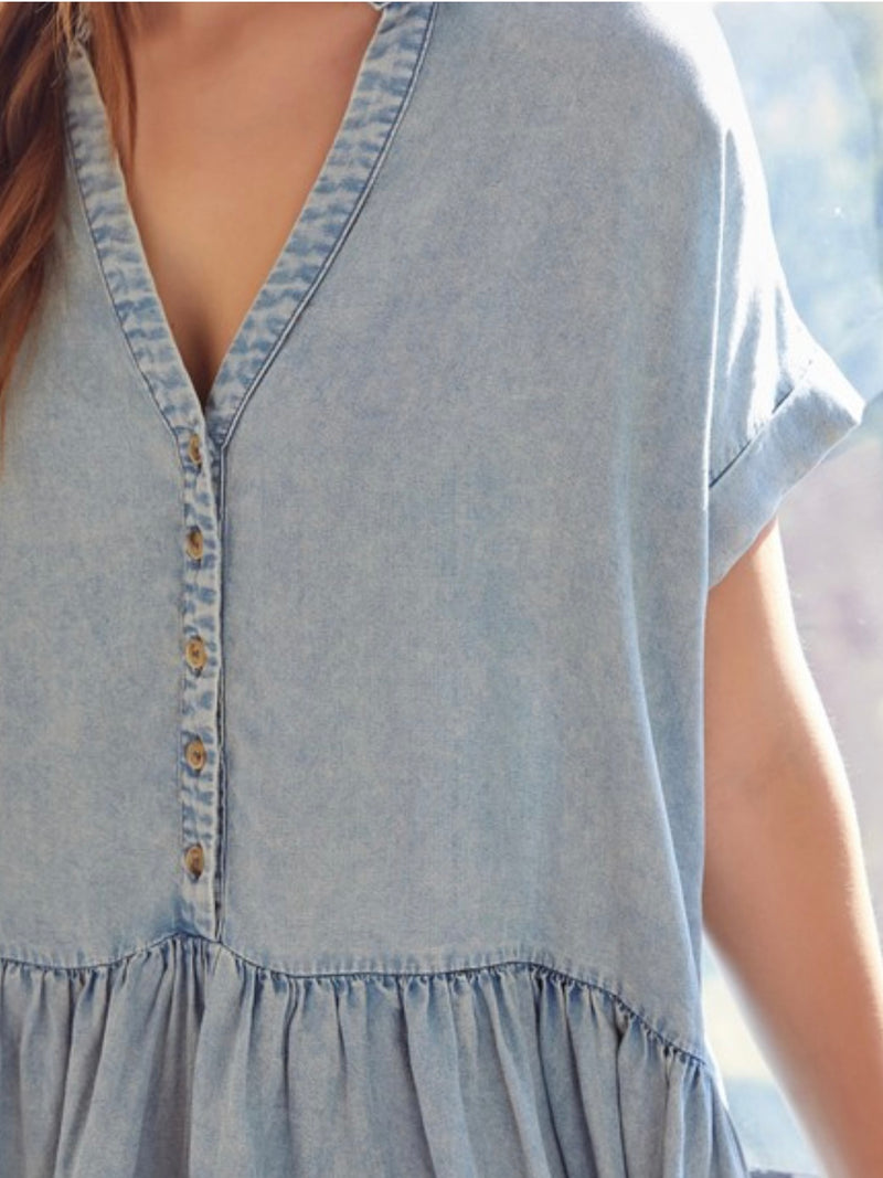 V Neck Drop Waist Denim Dress