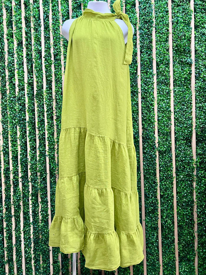 Shoulder Tie Tiered Linen Dress