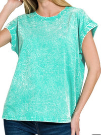 Crinkled Wash Round Neck Folded Short Sleeve Top