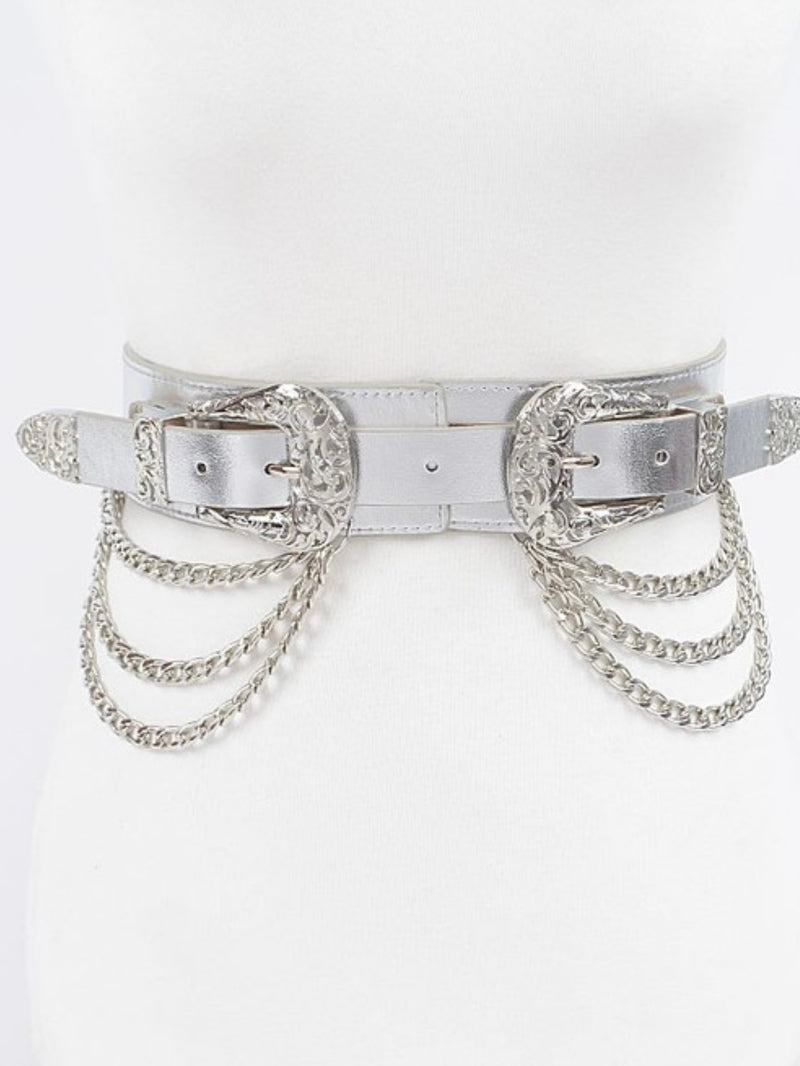 Metallic Double Buckle Chain Belt