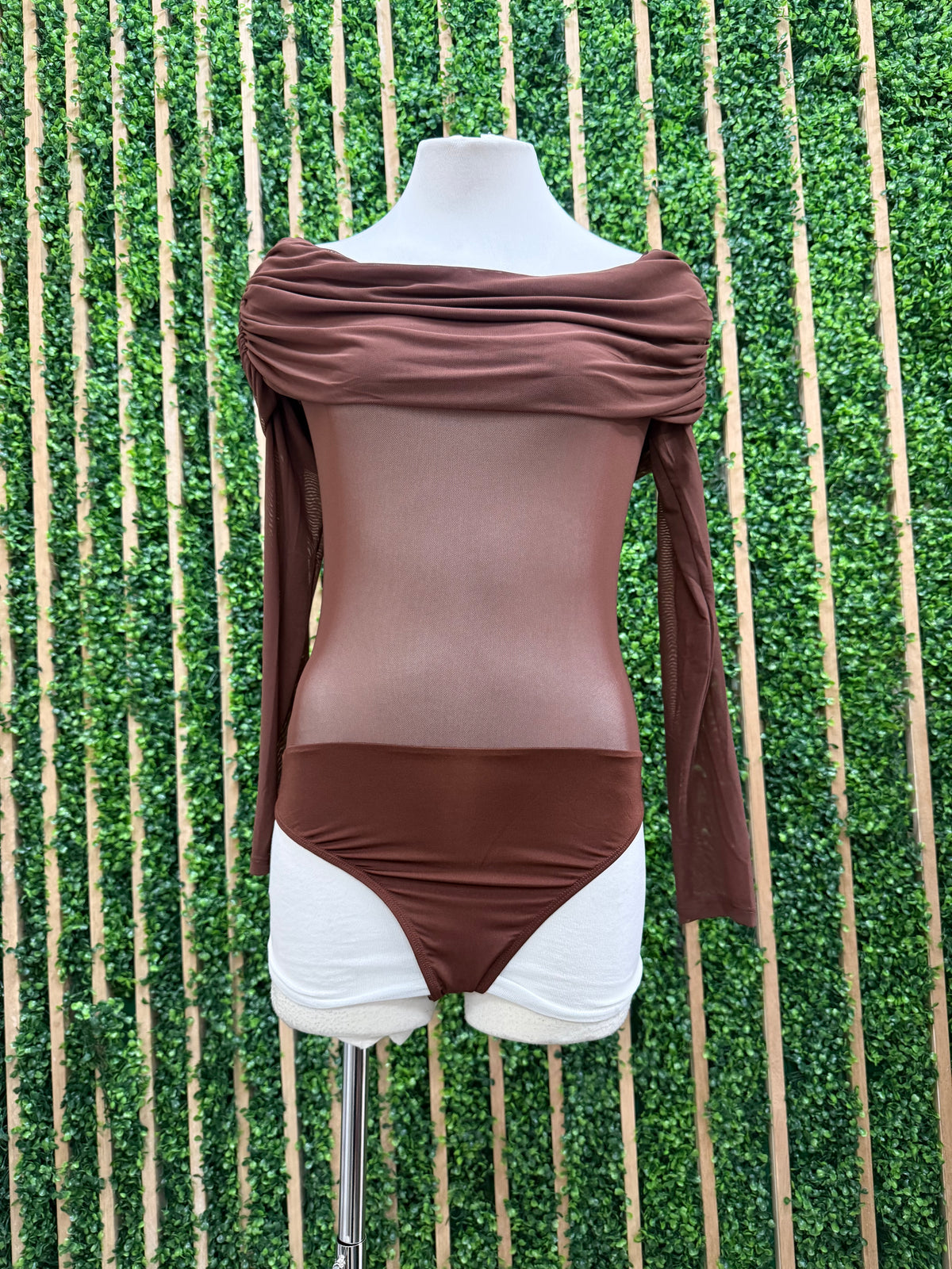 Brown Ruched Off Shoulder Long Sleeve Mesh Bodysuit