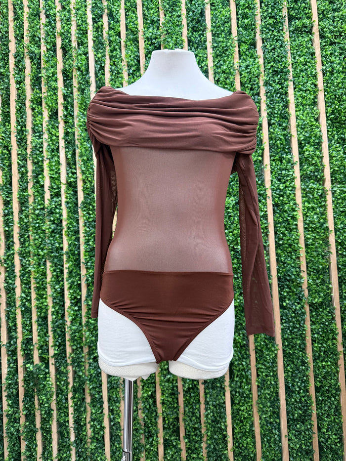 Brown Ruched Off Shoulder Long Sleeve Mesh Bodysuit