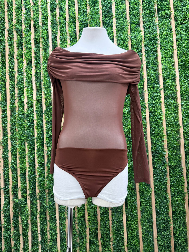 Brown Ruched Off Shoulder Long Sleeve Mesh Bodysuit