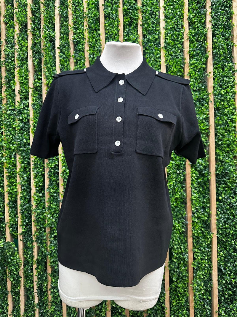 Black Knitted Button Down Polo Shirt