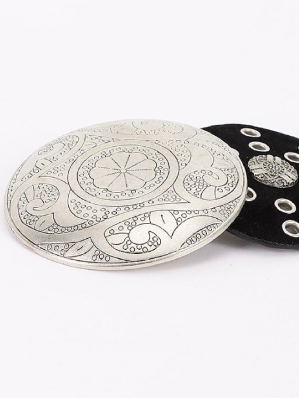 Black Silver Studded Faux Leather Disc Belt