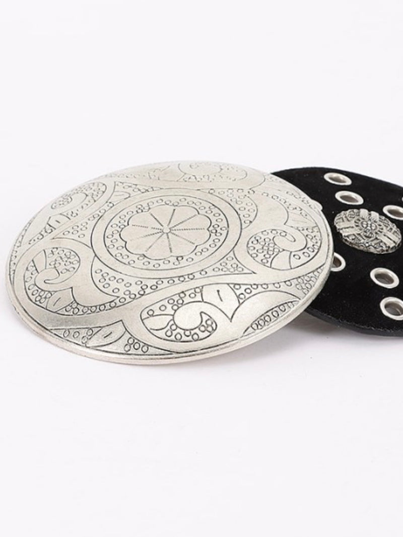 Black Silver Studded Faux Leather Disc Belt