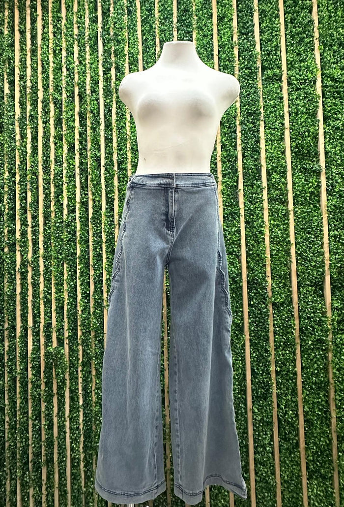 Scalloped Wide Leg Denim Trousers