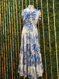 Beautiful Blue Leaves Angel Sleeve Maxi Dress