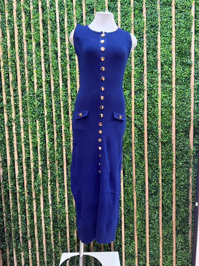 Navy Round Neck Button Detail Midi Dress