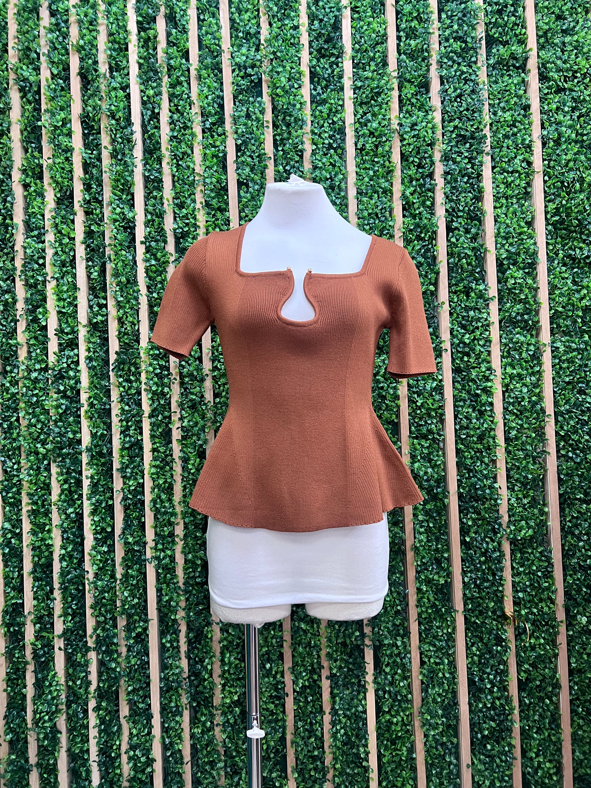 Brown Buckle Detail  Square Neck Peplum Top