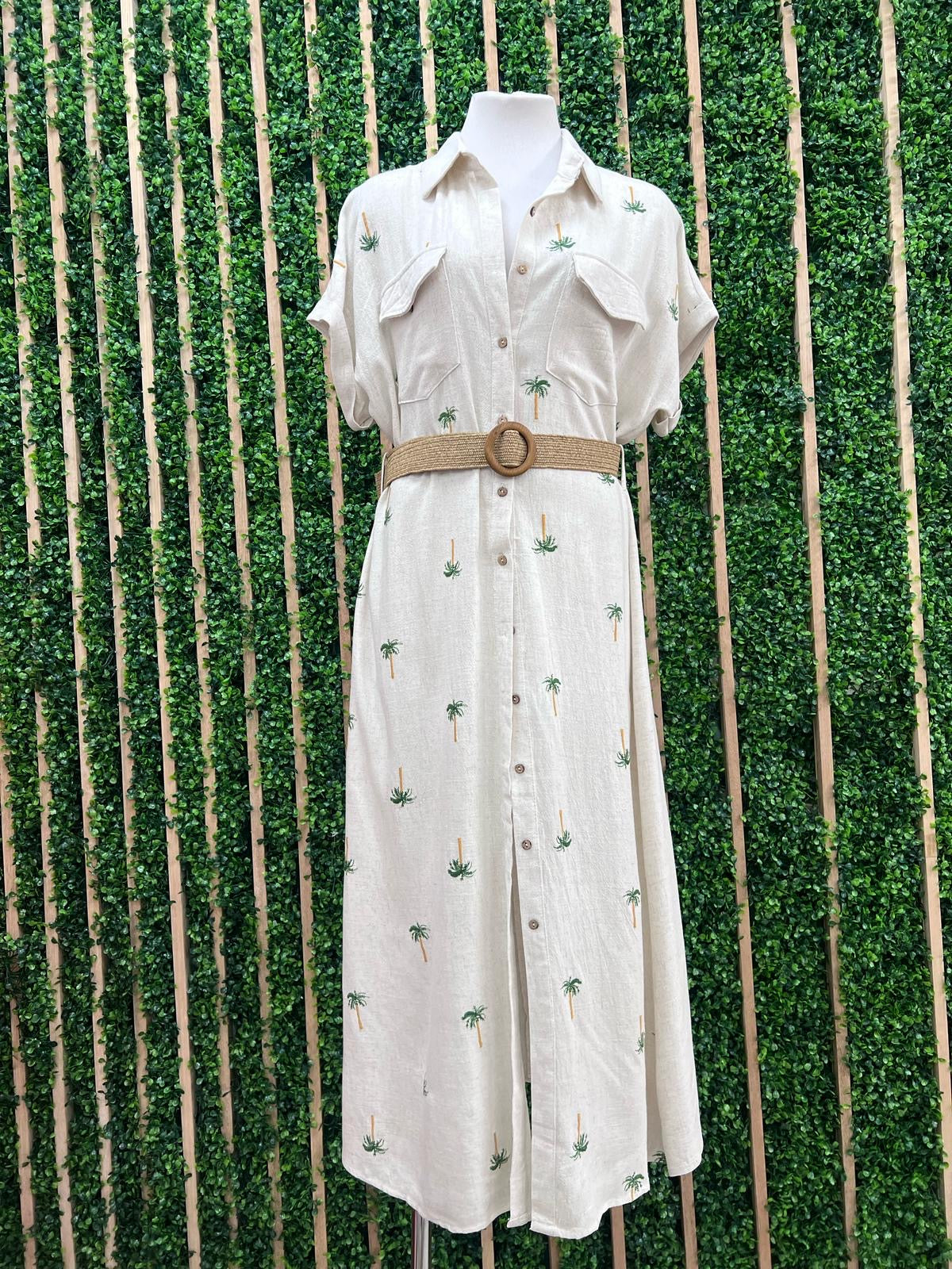 Palm Tree Embroidered Belted Shirt Dress