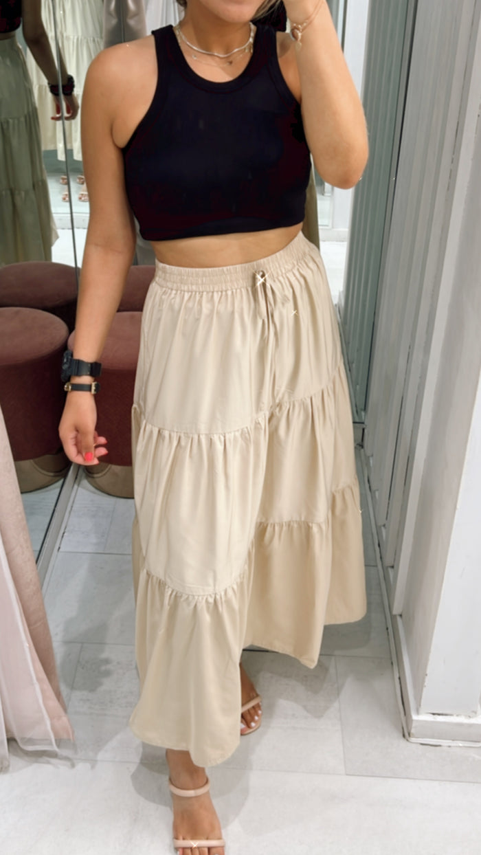 Beige Tiered Midi Skirt