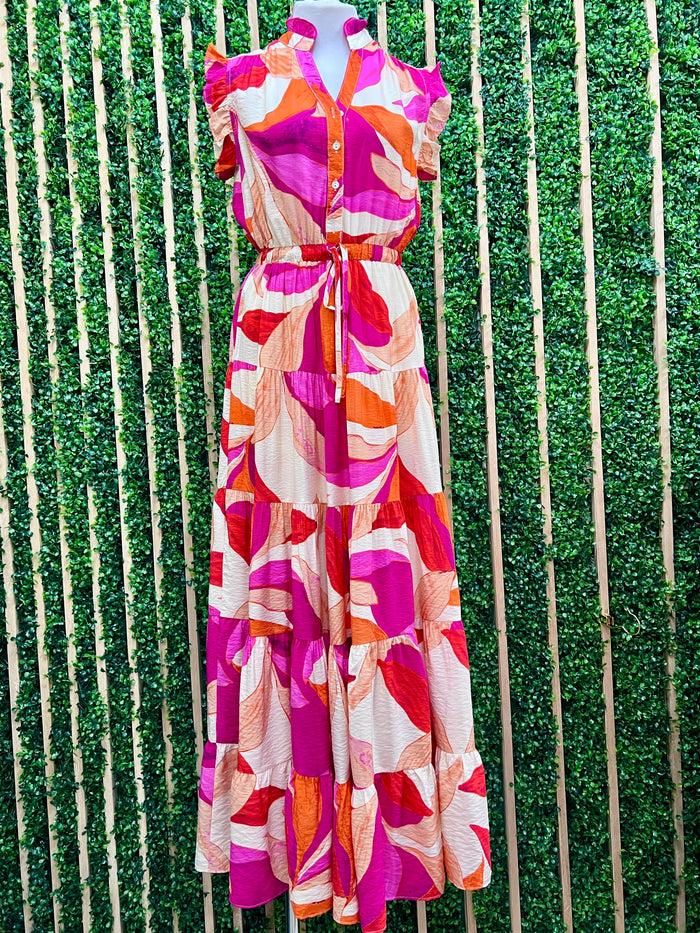 Red Pink Tropical Tiered Maxi Dress