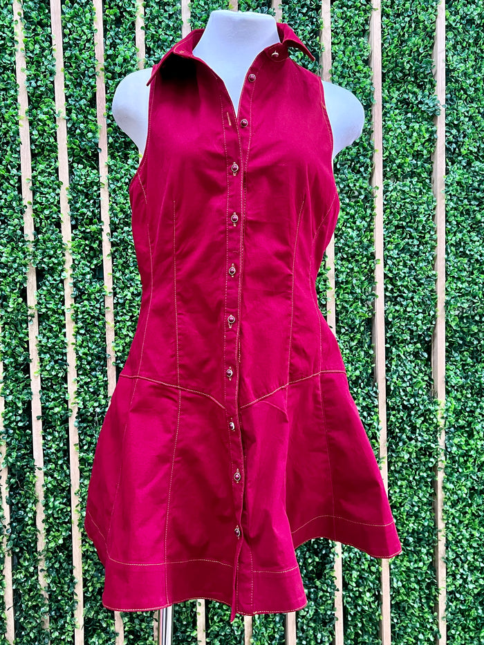 Burgundy Fitted Bodice Button Down Short Dress