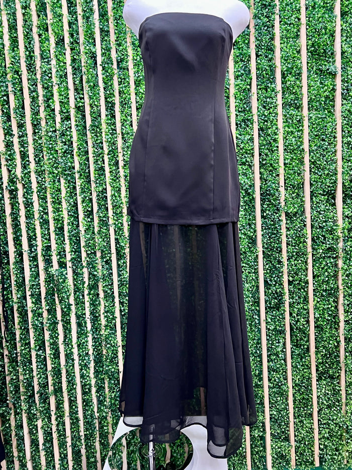 Black Chiffon Contrast Strapless Maxi Dress
