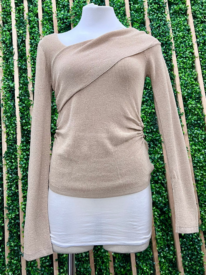 Gold Asymmetric Shoulder Sweater Top