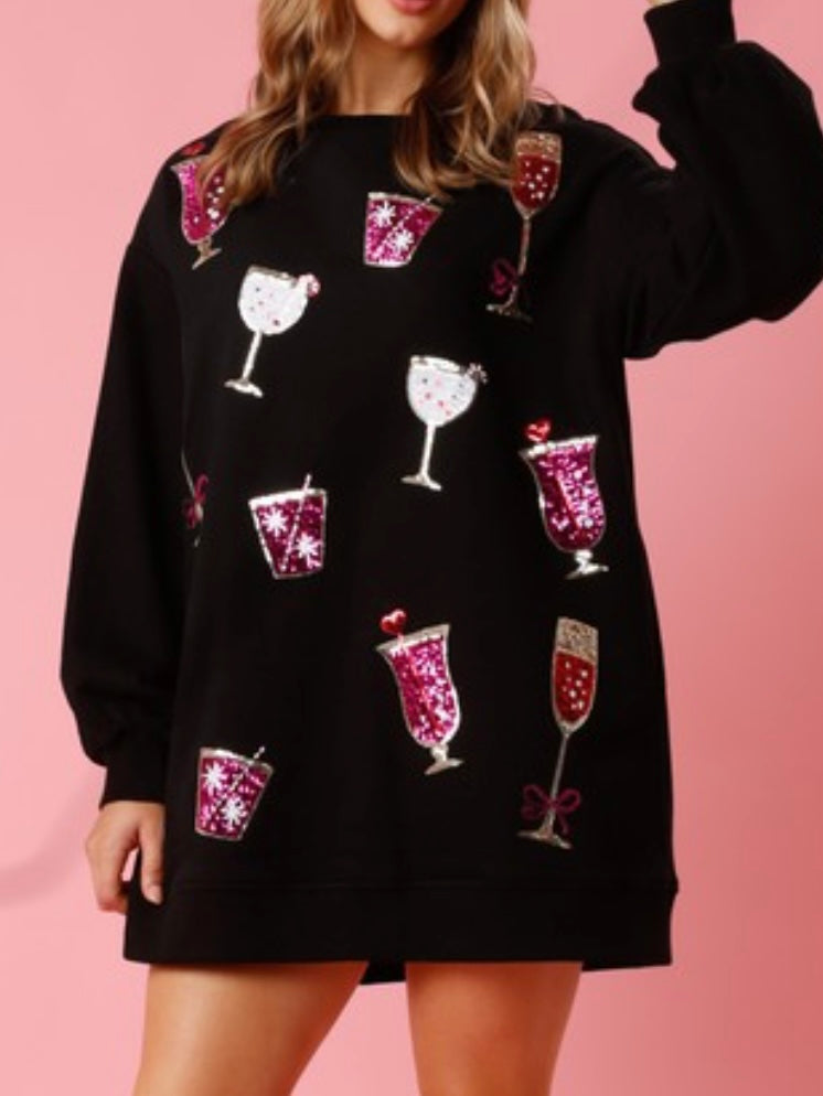 Black Sequin Drinks Patch Sweater Dress