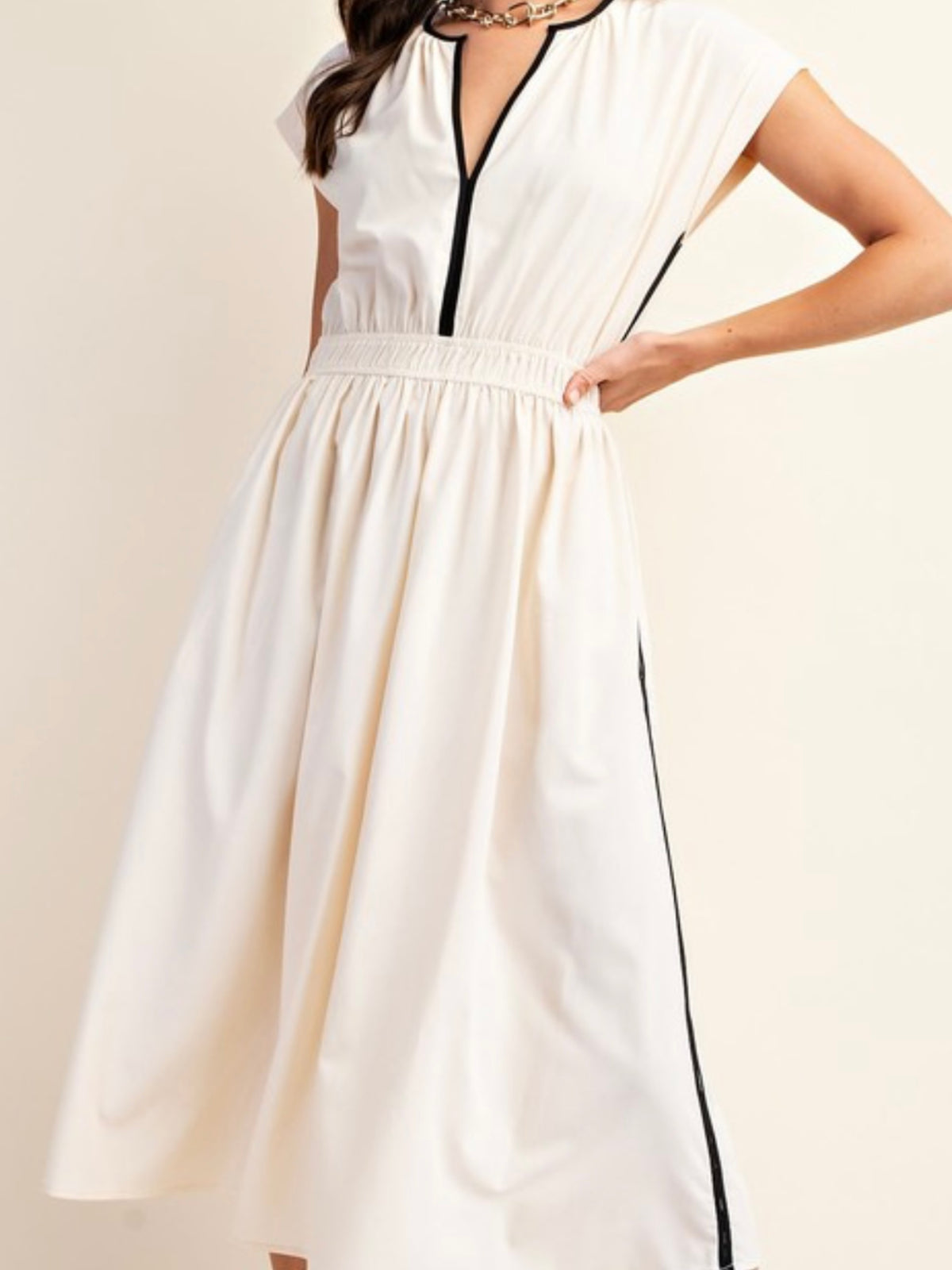 Black Piping Detail V neck Ivory Midi Dress