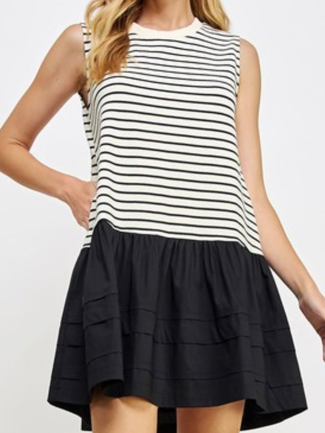 White Stripe Drop Waist Short Dress