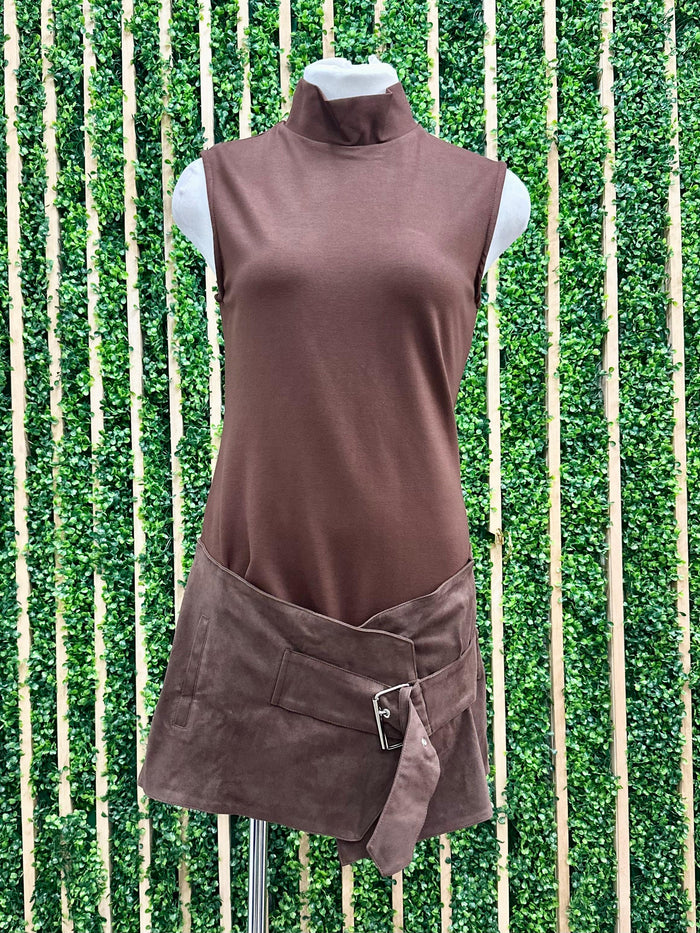 Brown Suede Contrast buckle Short Dress