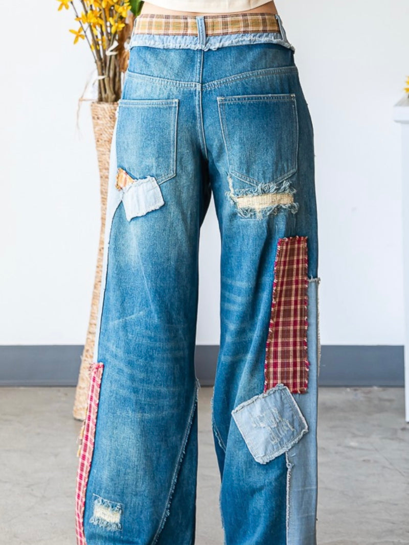 Plaid Patch Detail Wide Leg Denim