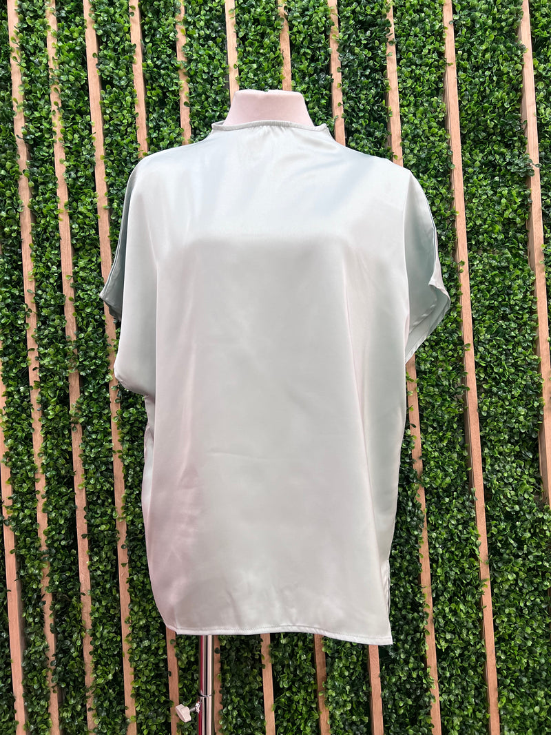 Sage Cowl Neck Short Sleeve Satin Top