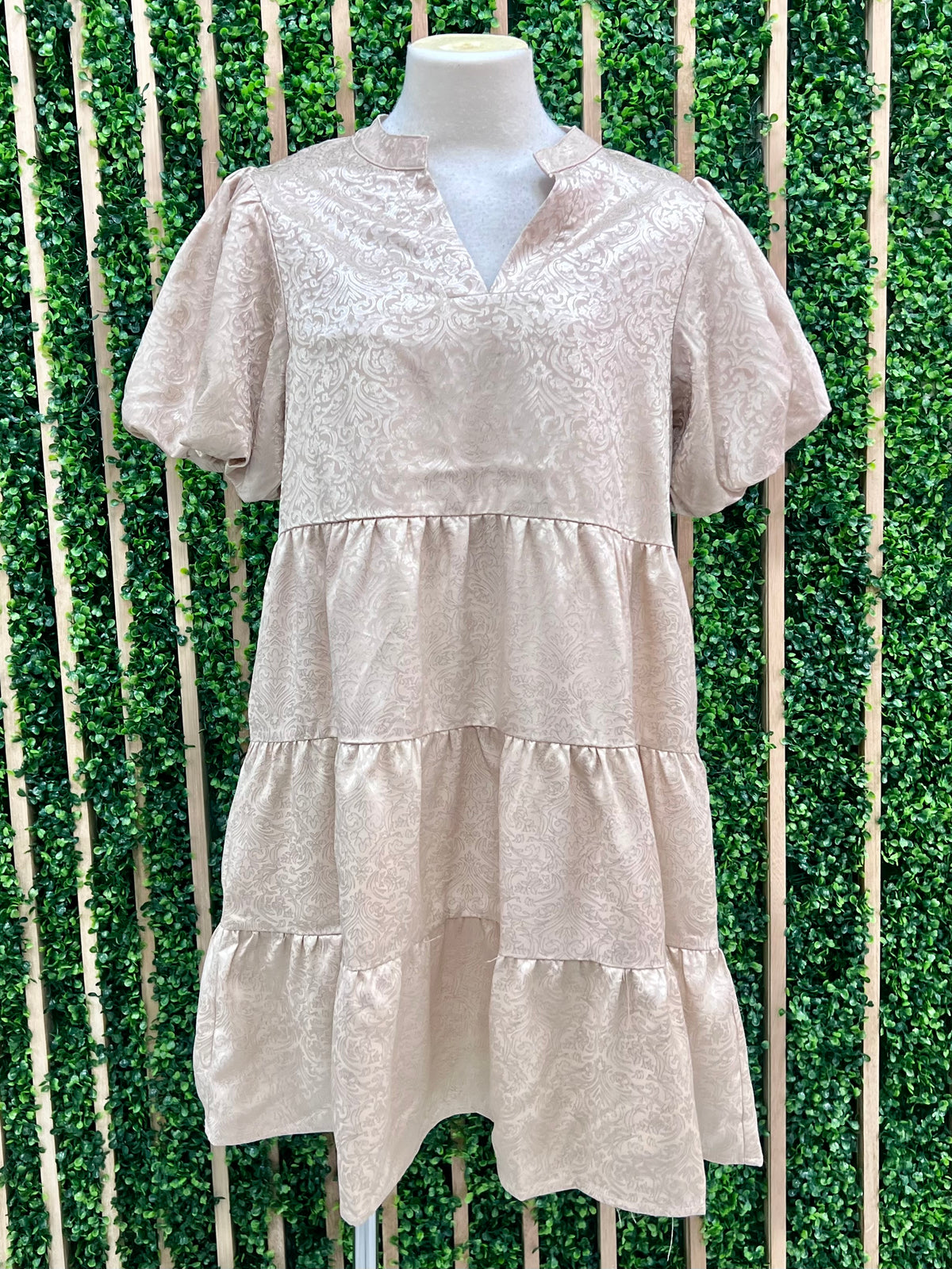 Beige Jacquard Puff Sleeve Dress