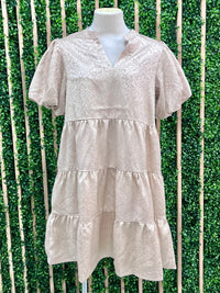 Beige Jacquard Puff Sleeve Dress