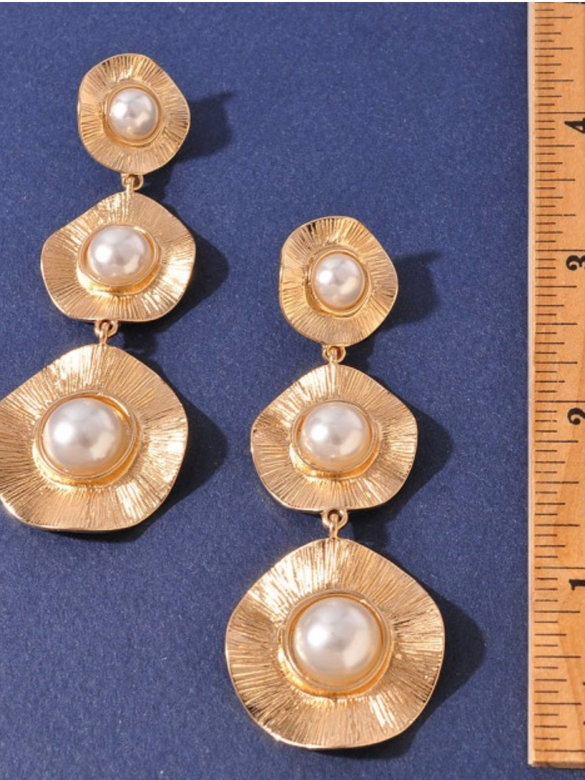 Triple Pearl Hammered Disc Long Earrings