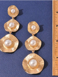 Triple Pearl Hammered Disc Long Earrings